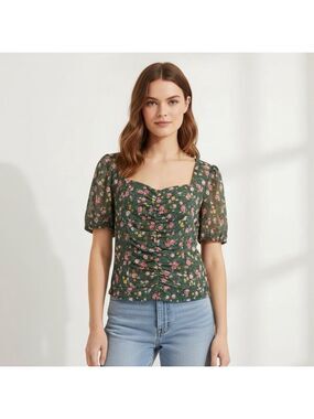 Elodie Floral Ruched Mesh Top XL Green Pink Sweetheart Neck Cottagecore village